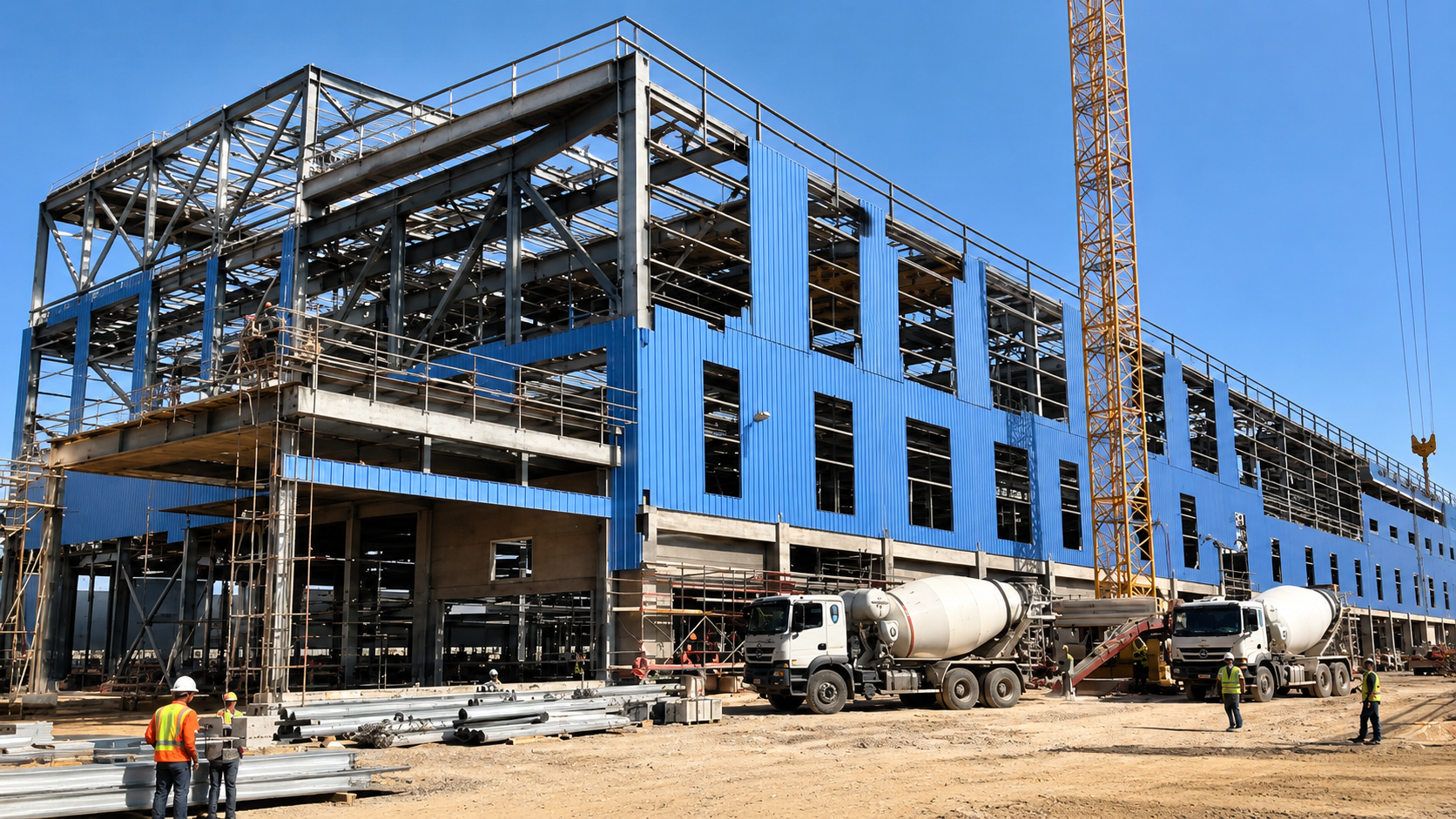 NDC industrial construction site with steel structure and EPC project works in Saudi Arabia