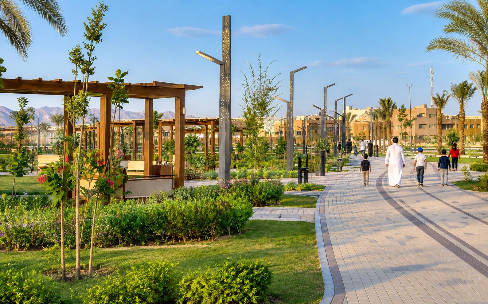 NDC landscaping and pedestrian walkway project with public plaza development in Saudi Arabia